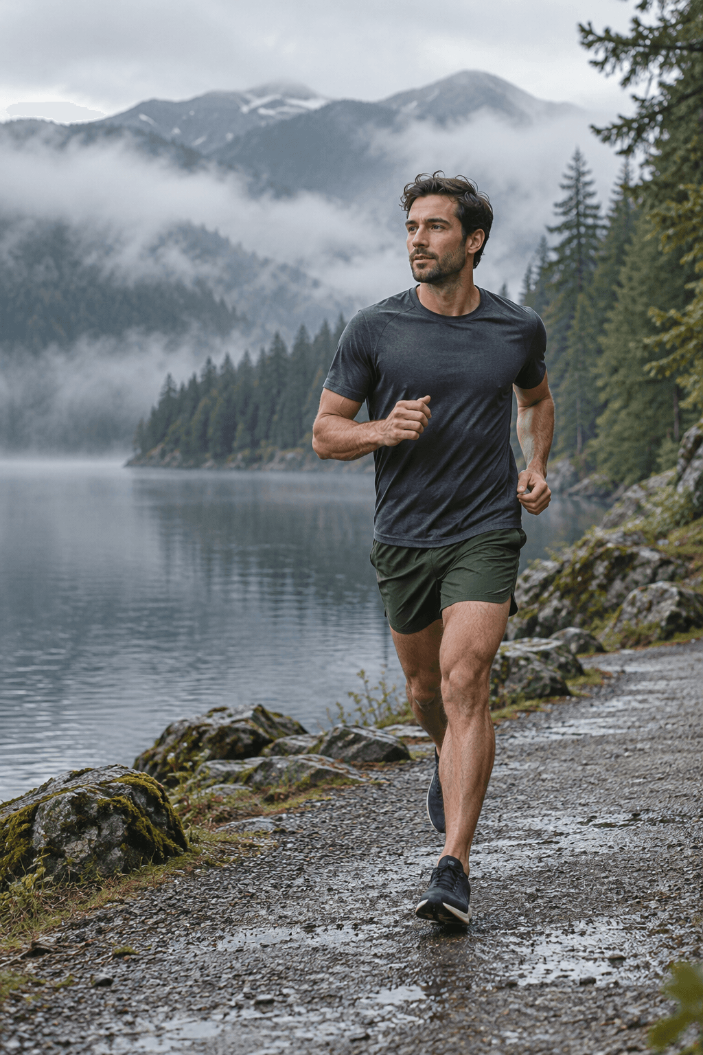 Man running beside a misty mountain lake in understated performance clothing