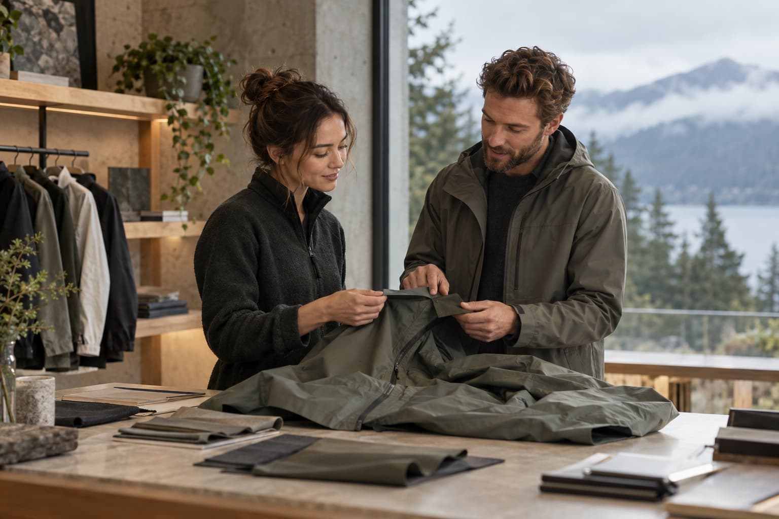A Pinebreak advisor helping a customer review a lightweight performance shell