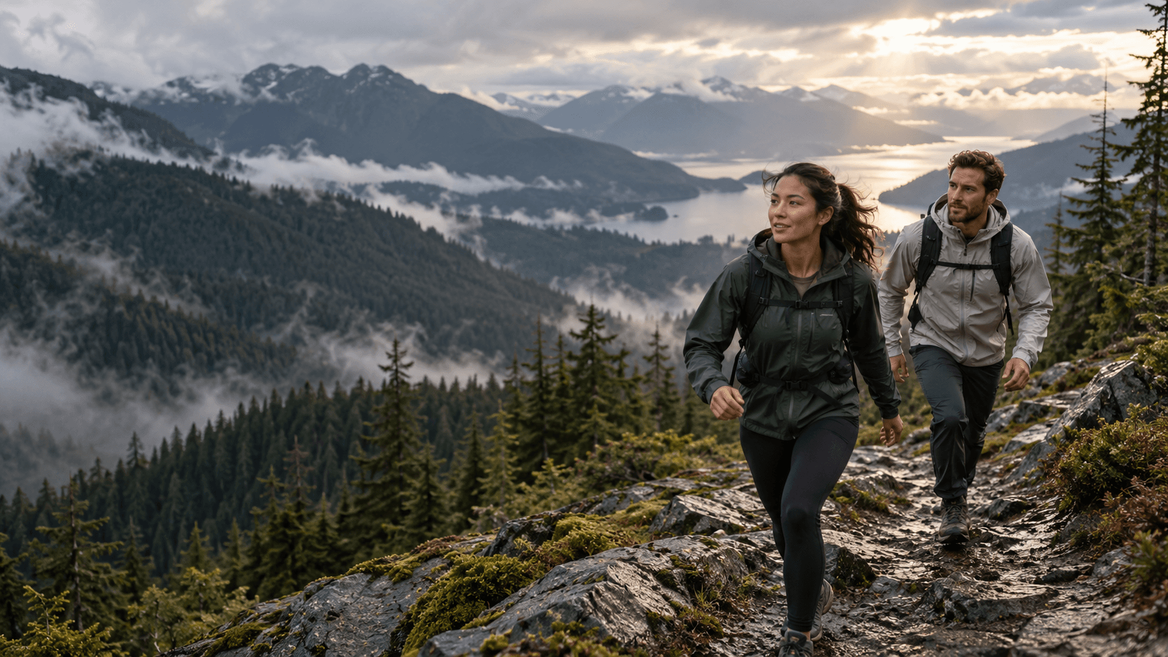 Two people moving along a Pacific Northwest ridge in lightweight performance layers
