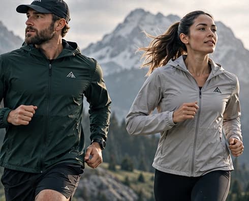 Two runners wearing understated outer layers in a mountain setting